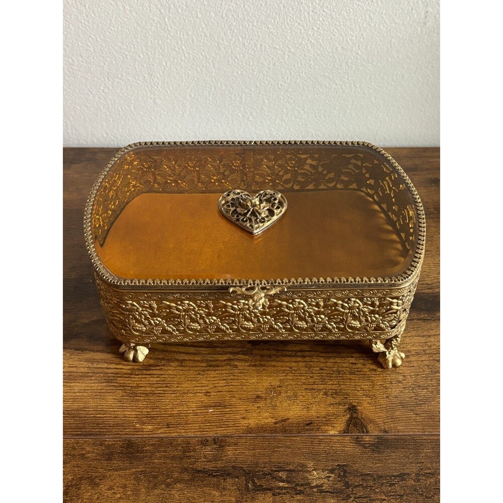 Vintage Beveled Amber Glass Gold Filigree Ormolu Jewelry Casket Box Claw Foot